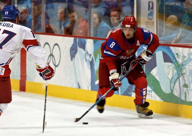 Alex Ovechkin carrying the puck for Team Russia.