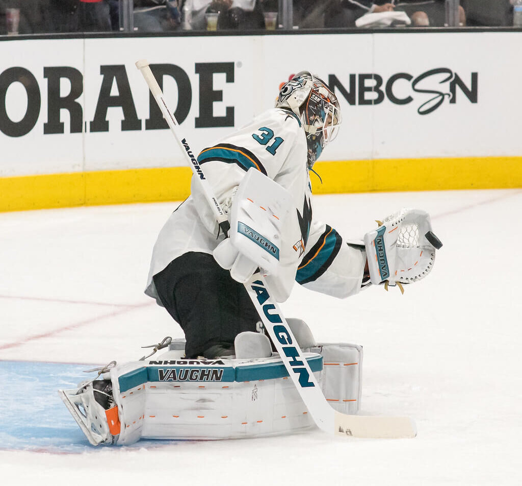 San Jose goalie Martin Jones making a save in warmup.