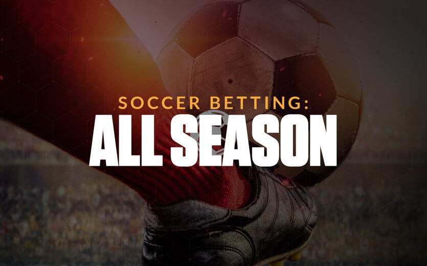 all season soccer betting text overlay of person kicking soccer ball