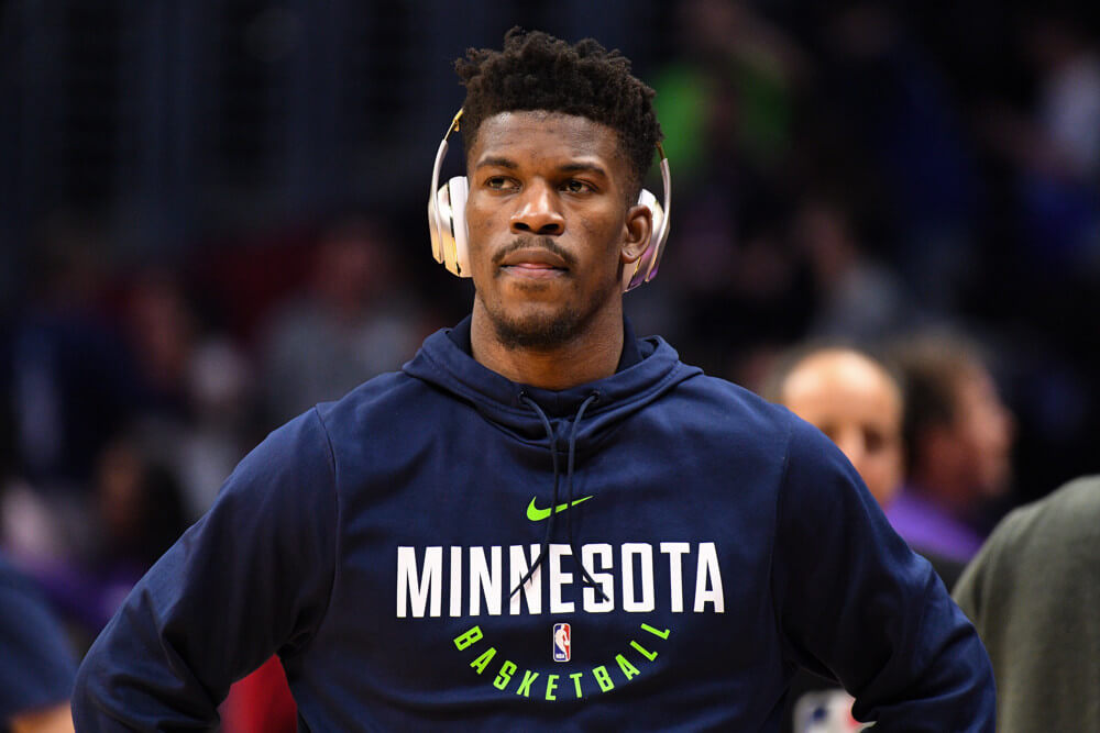 Jimmy Butler (23) looks on before an NBA game between the Minnesota Timberwolves and the Los Angeles Clippers