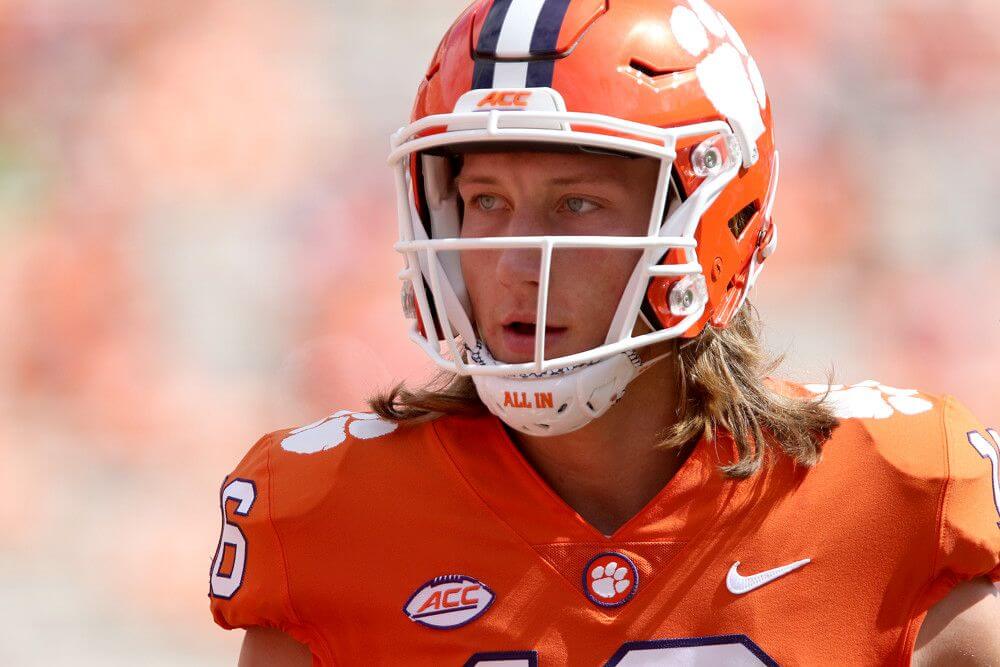 A close-up shot of Clemson QB Trevor Lawrence