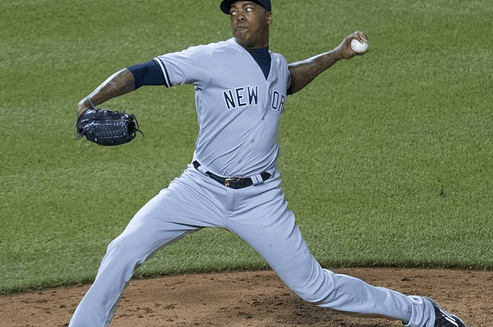 Aroldis Chapman pitching for the Yankees