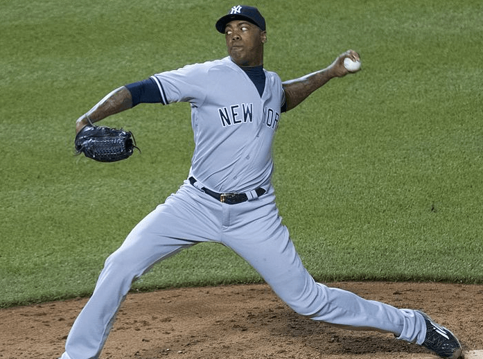 Aroldis Chapman pitching for the Yankees
