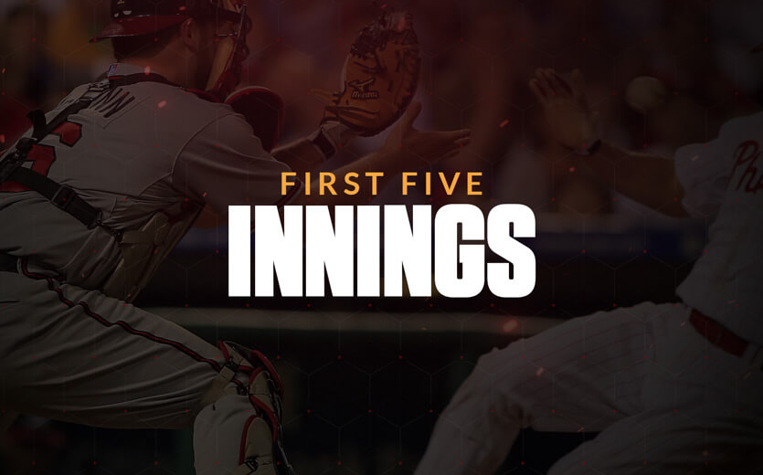 First five innings text overlay on baseball catcher catching a ball