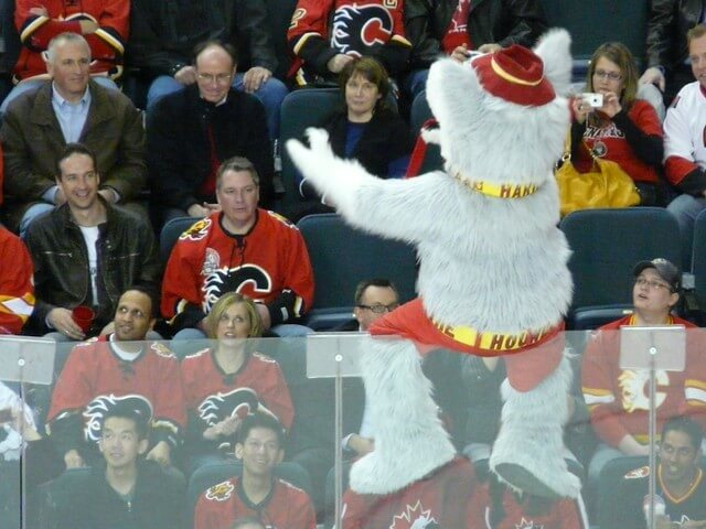 Calgary Flames mascot Harvey the Hound pumping up the crowd