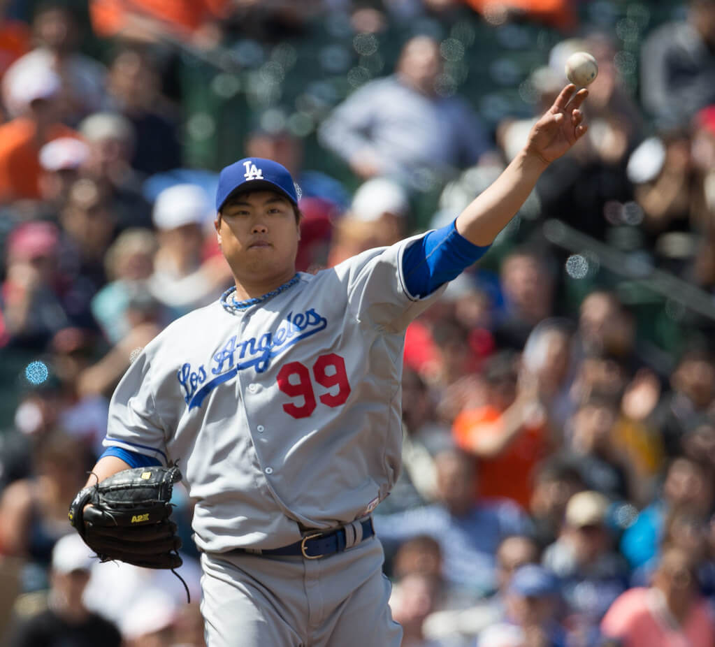 Hyun-Jin Ryu pitching for the Dodgers.