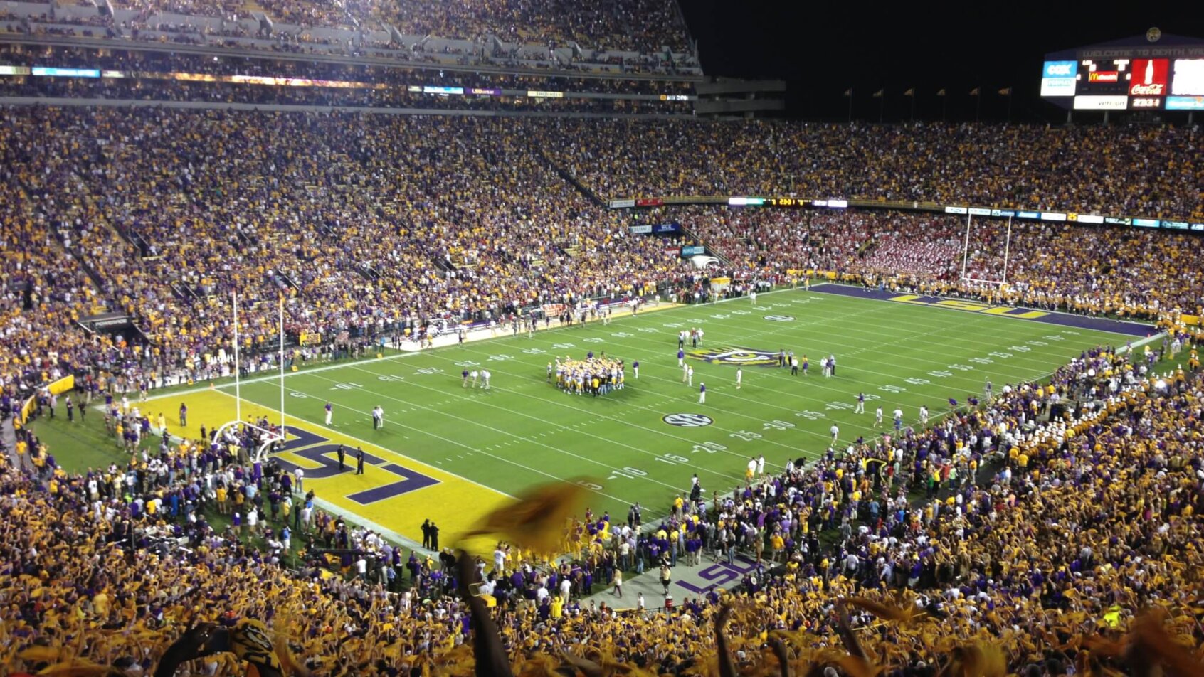 LSU Tigers stadium at night.