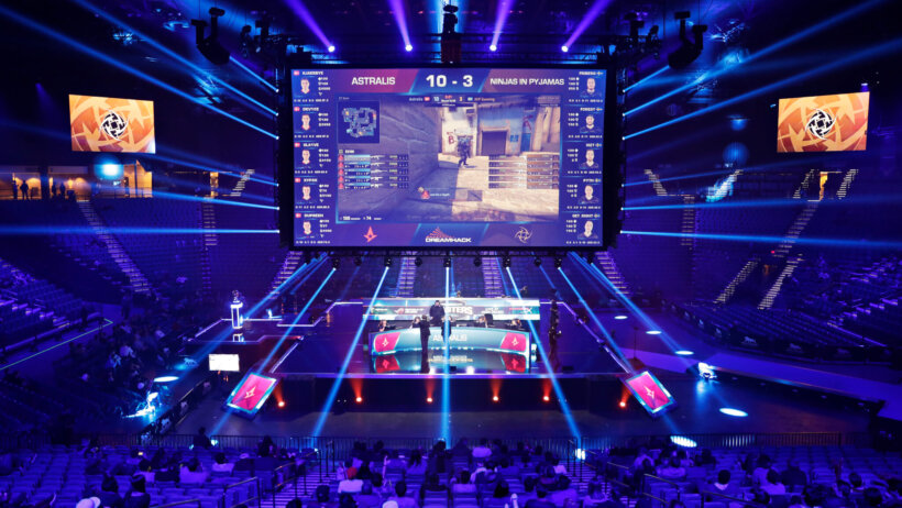 Taken prior to COVID, teams competing against each other playing Counter-Strike: Global Offensive in front of an audience.