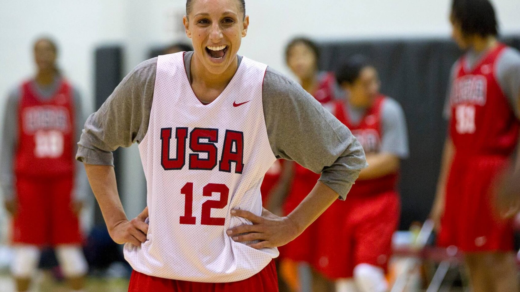 Diana Taurasi laughing at a Team USA practice