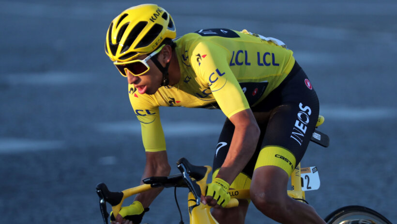Egan Bernal wearing the Yellow Jersey at the 2019 Tour de France