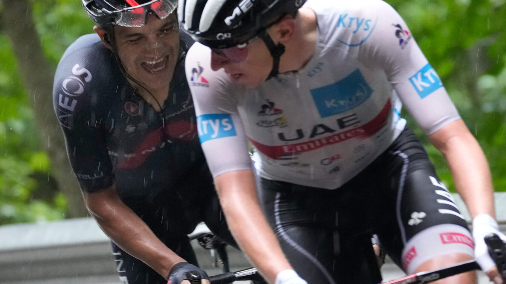 Richard Carapaz following Tadej Pogacar during the eighth stage of the Tour de France.