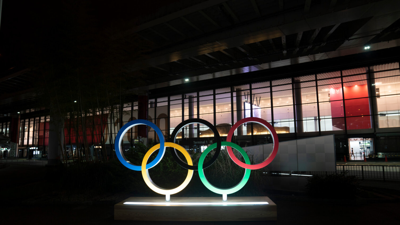 Olympic rings at night