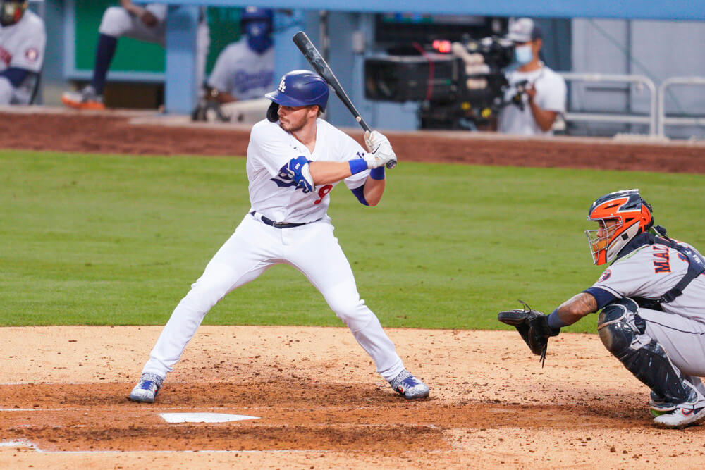 Los Angeles Dodgers designated hitter Gavin Lux swings at a pitch