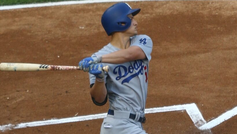 Los Angeles Dodgers shortstop Corey Seager at the plate
