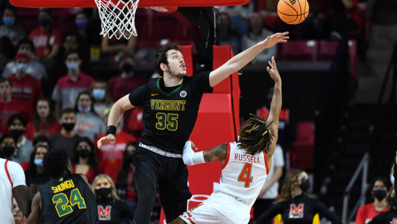 Ryan Davis blocks Fatts Russell, NCAA Basketball