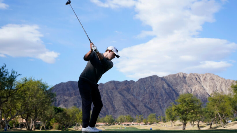 Patrick Cantlay hitting from the tee during the third round of the American Express golf tournament.