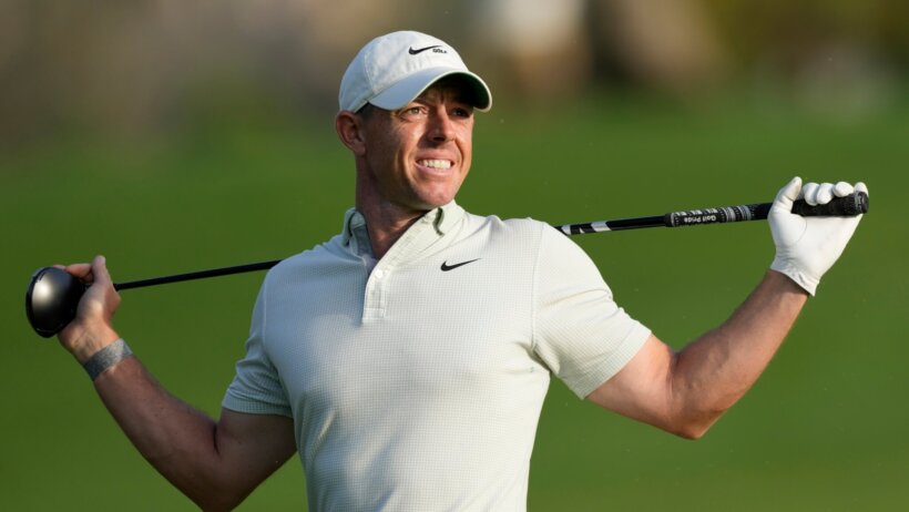 Rory McIlroy reacts after a poor shot