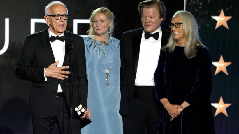 Roger Frappier, Jane Campion, Kristen Dunst, and Jesse Plemons accept the award for best film for "The Power of the Dog" at the 27th annual Critics Choice Awards