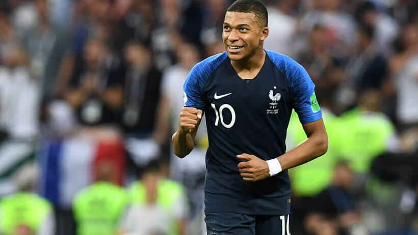 France forward Kylian Mbappe celebrating a goal