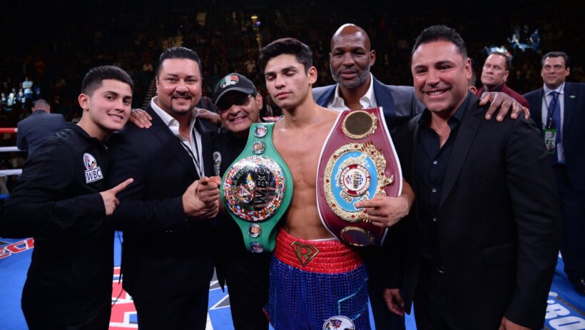 Ryan Garcia celebrates after knocking out Romero Duno