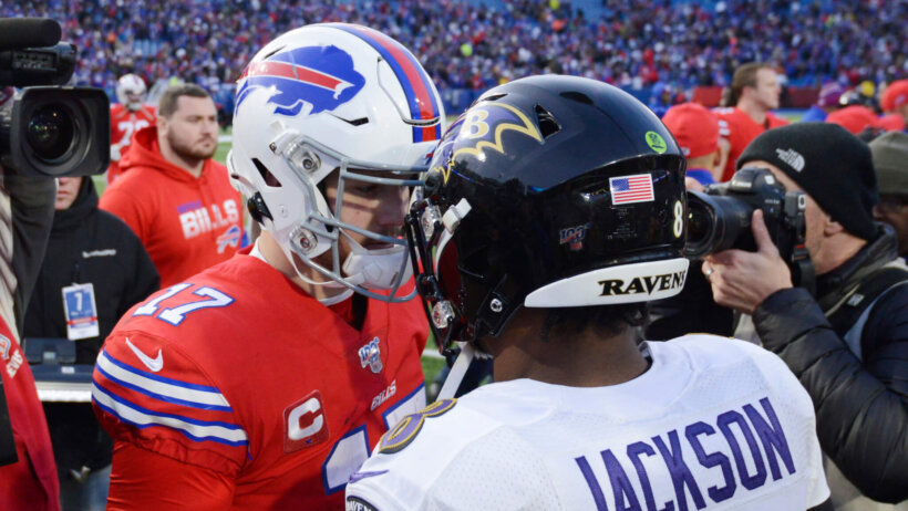 Josh Allen and Lamar Jackson talking after game