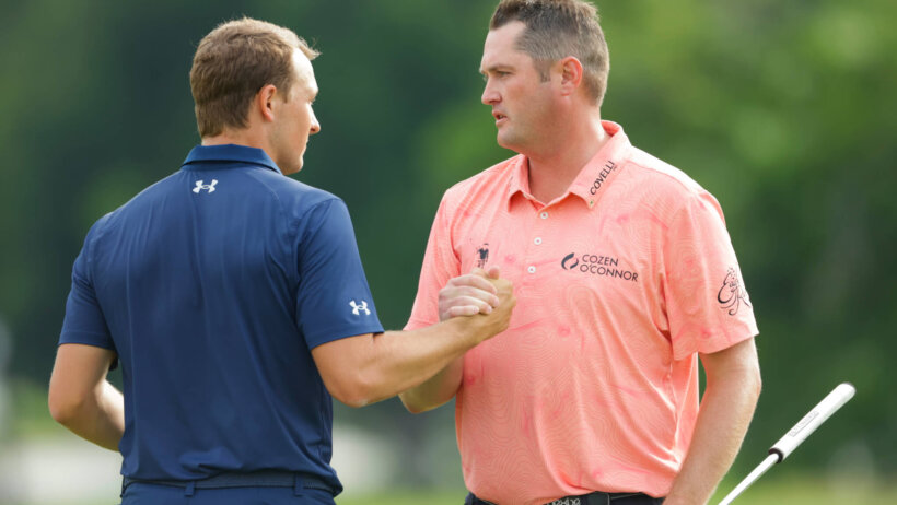 Jason Kokrak shakes hands with runner-up Jordan Spieth at 2021 Charles Schwab Challenge