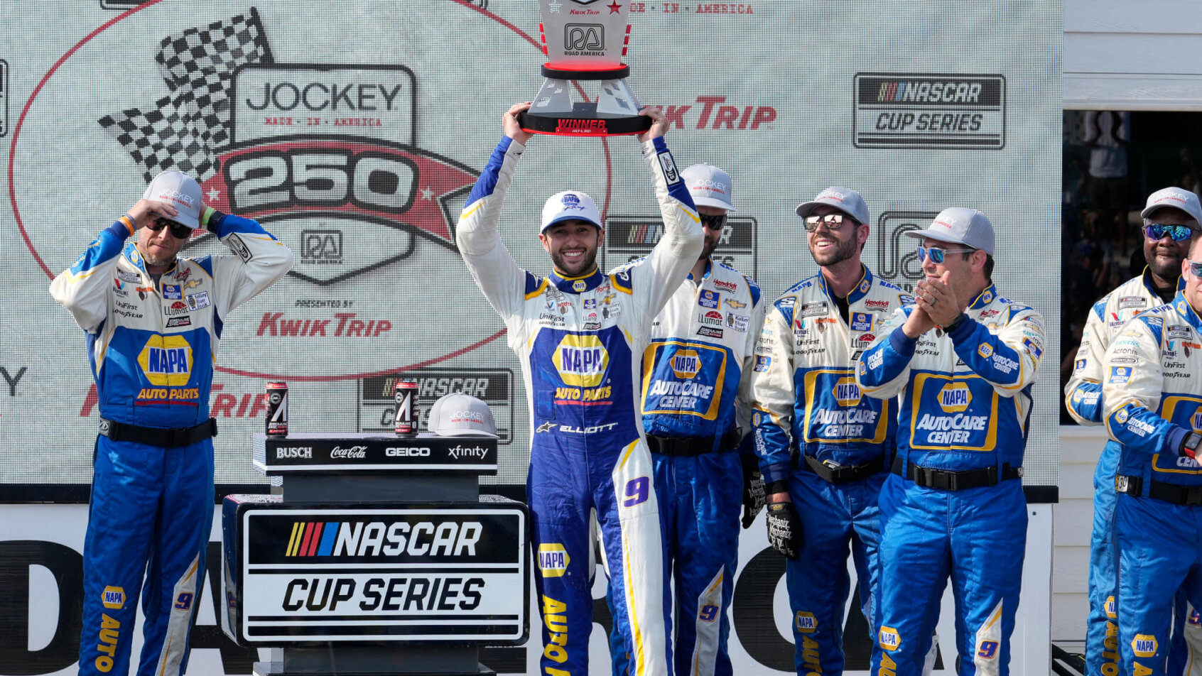 NASCAR Cup Series driver Chase Elliott celebrating a win