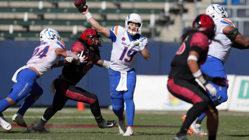 Boise State Broncos quarterback Hank Bachmeier throws the ball