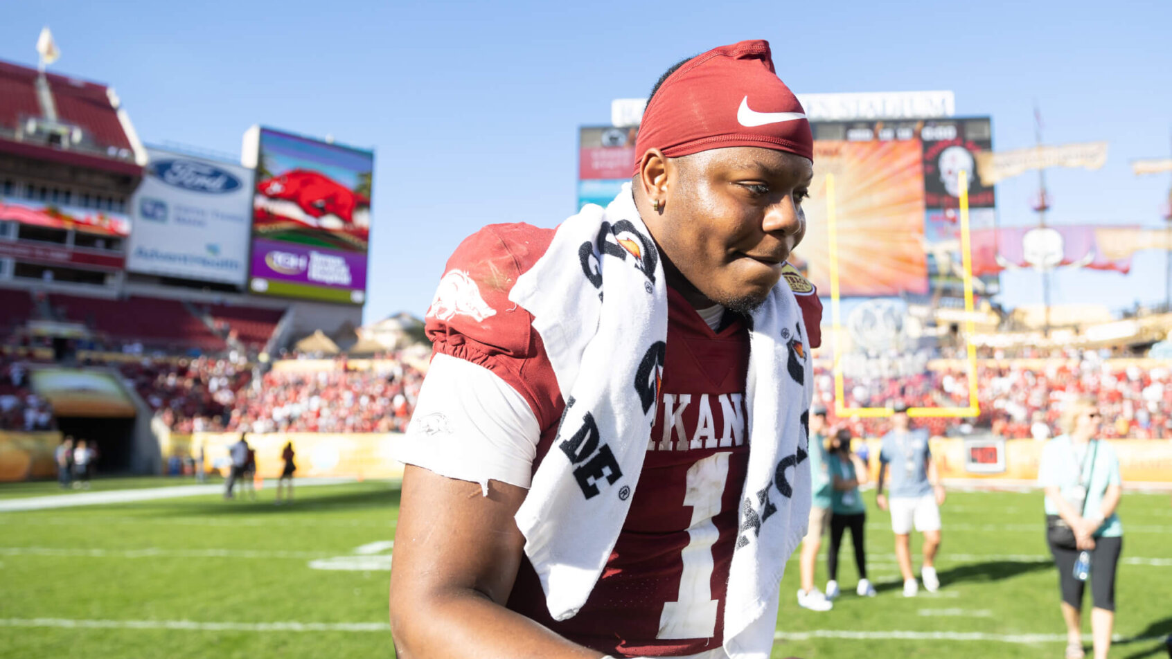 Arkansas Razorbacks quarterback KJ Jefferson smiles after the game against Penn State