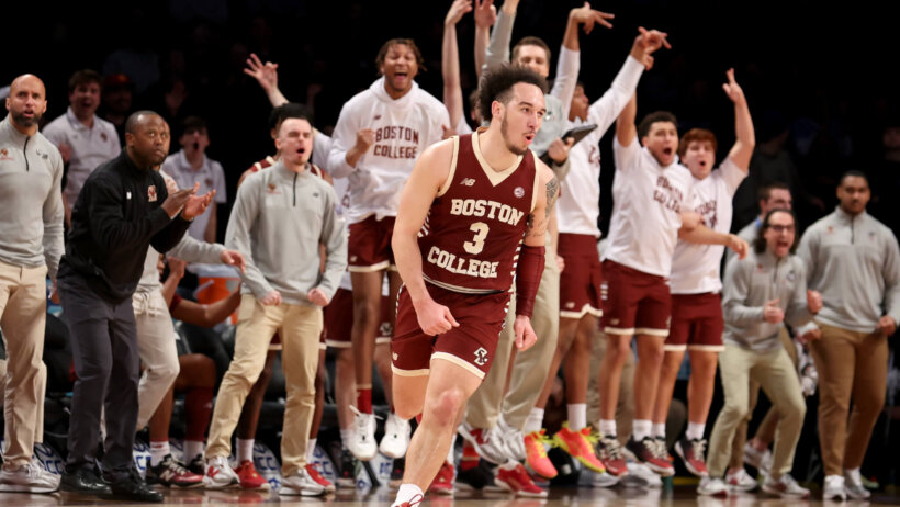 Boston College Eagles guard Jaeden Zackery celebrates a three point shot