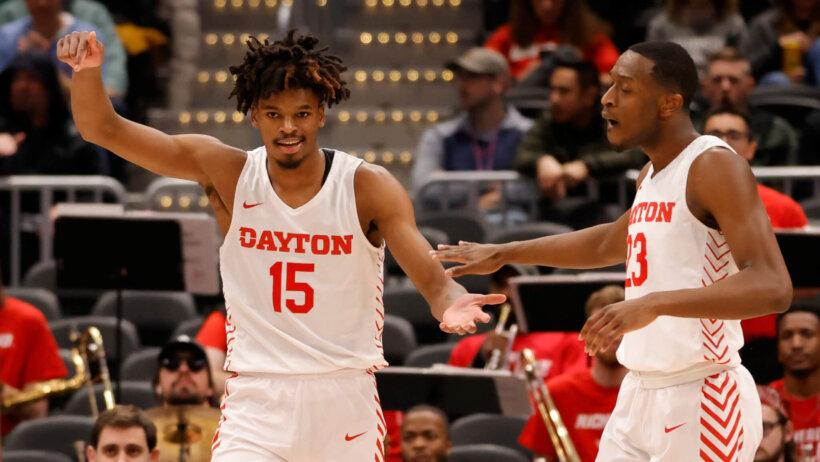 Dayton Flyers forward DaRon Holmes II celebrates a basket