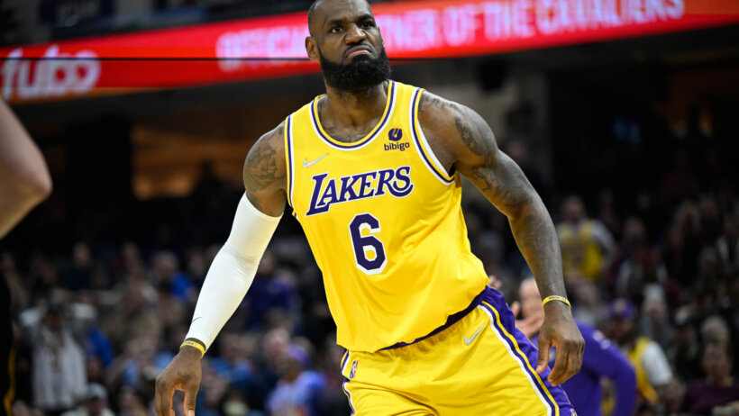 Los Angeles Lakers forward LeBron James reacts in the second quarter against the Cleveland Cavaliers
