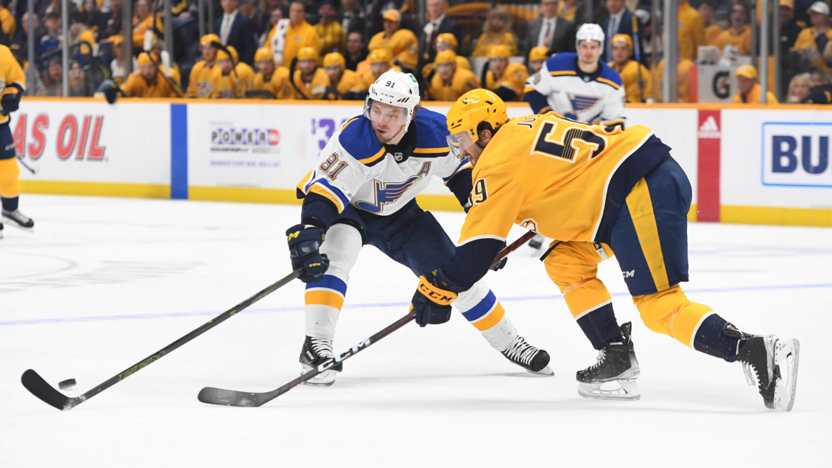 St. Louis Blues right wing Vladimir Tarasenko blocks a clearing attempt by Nashville Predators defenseman Roman Josi