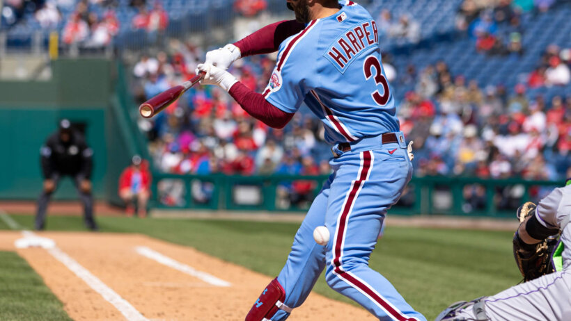 Philadelphia Phillies right fielder Bryce Harper getting hit by a pitch