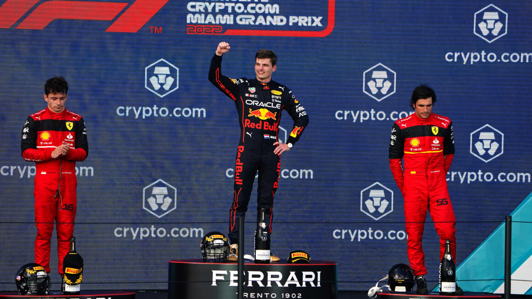 Red Bull driver Max Verstappen on the top of the podium at the Miami GP