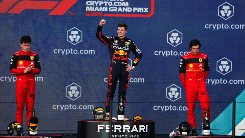 Red Bull driver Max Verstappen on the top of the podium at the Miami GP