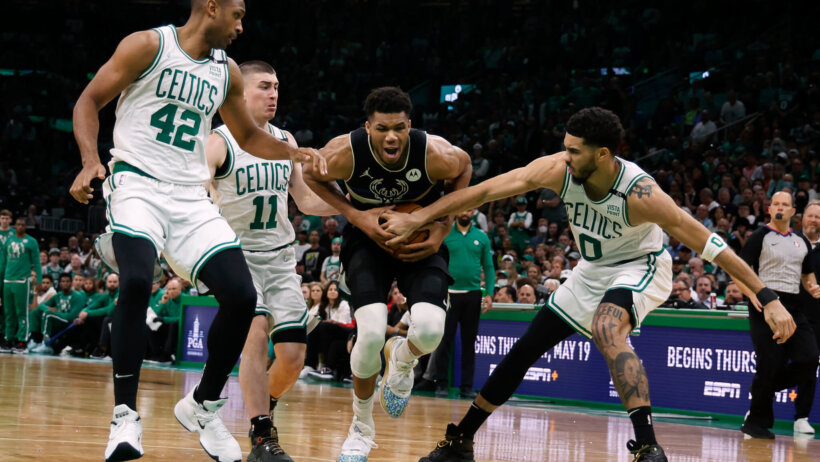 Bucks and Celtics players clash during the NBA Playoffs.