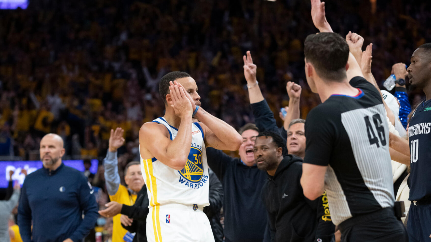 Golden State Warriors guard Stephen Curry celebrating during a win over the Dallas Mavericks