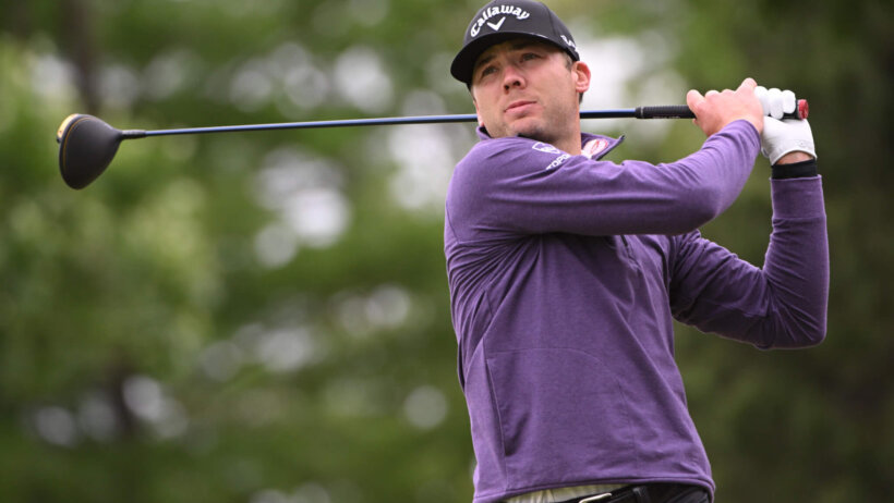 Sam Burns admires a tee shot