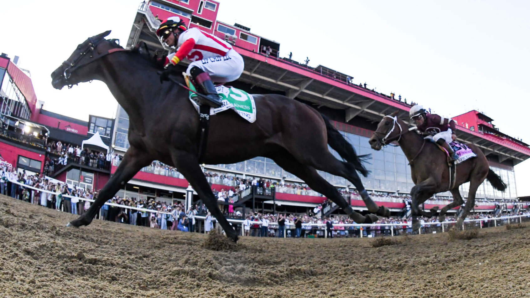 Jose L Ortiz aboard Early Voting wins the running of the 147 Preakness Stakes