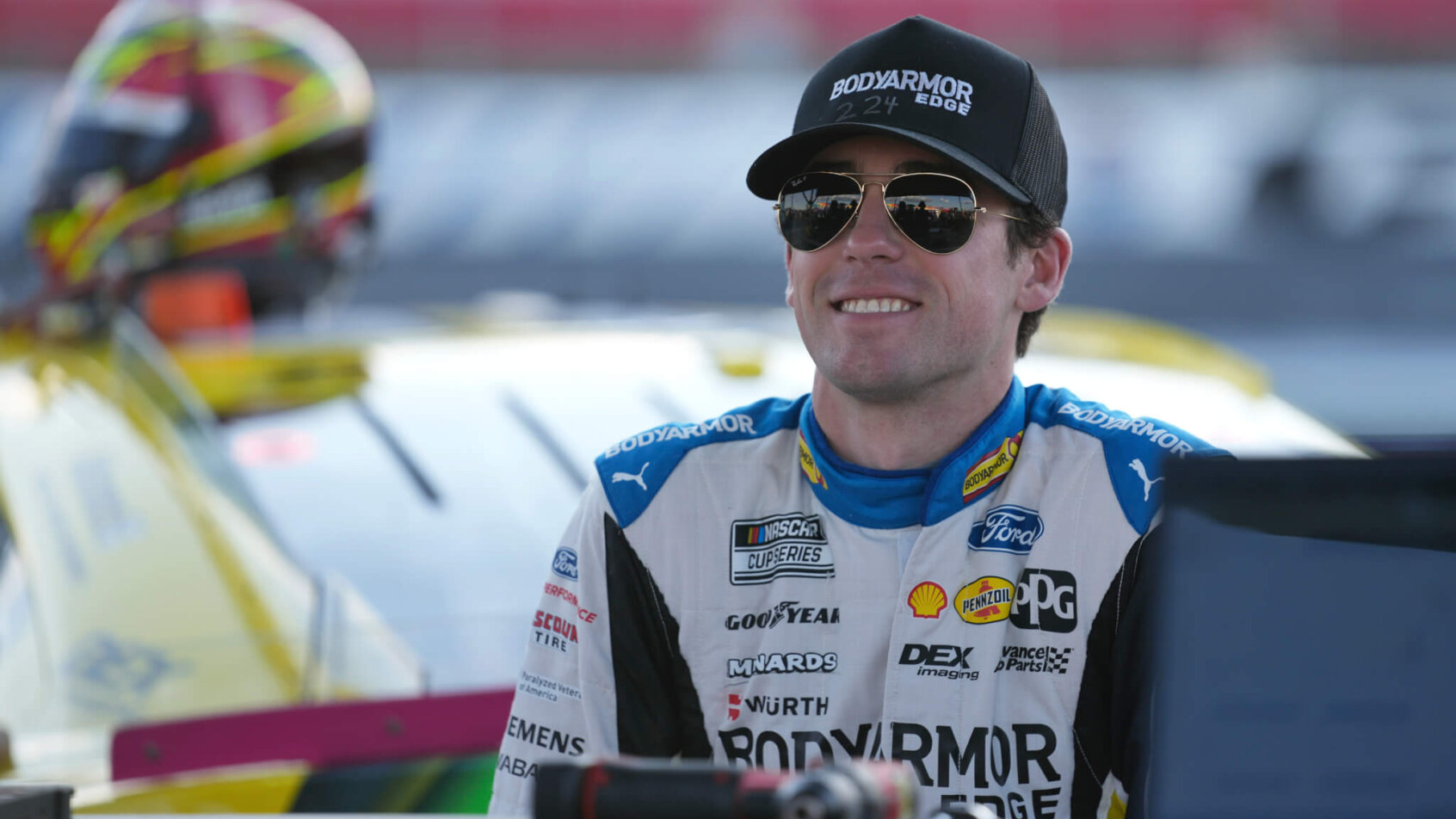 NASCAR Cup Series driver Ryan Blaney in his pit box