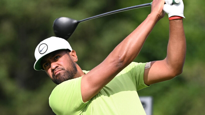 Tony Finau admires a tee shot