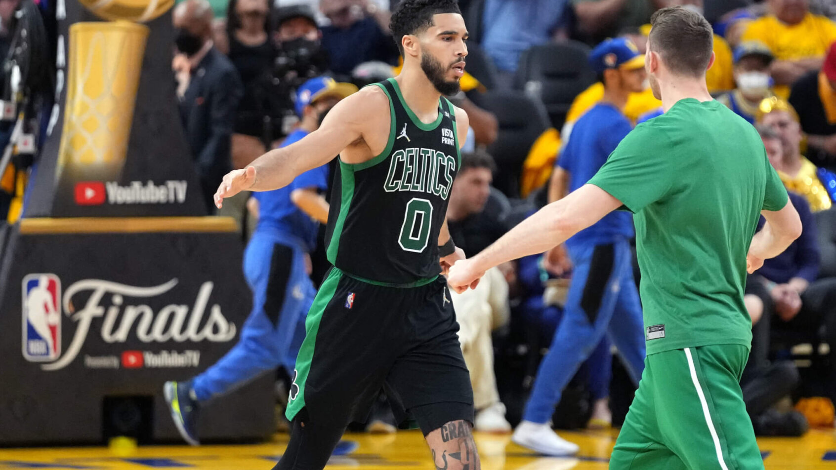 Jayson Tatum celebrates during Game 5 of the NBA Finals.