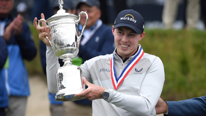 Matt Fitzpatrick holds the championship trophy after winning the 2022 U.S. Open