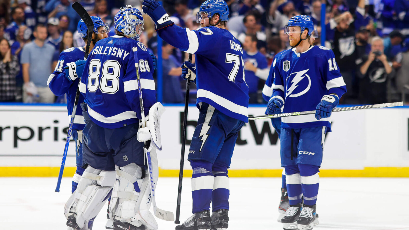 Tampa Bay Lightning celebrate after Game 3 of the Stanley Cup Finals.