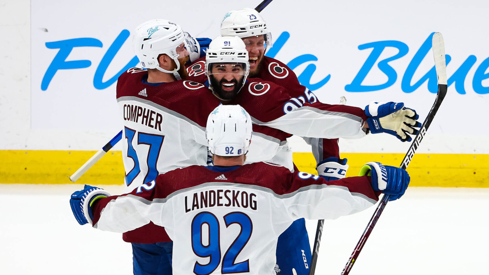 Colorado Avalanche players celebrate during Game 4 of NHL Stanley Cup Finals.