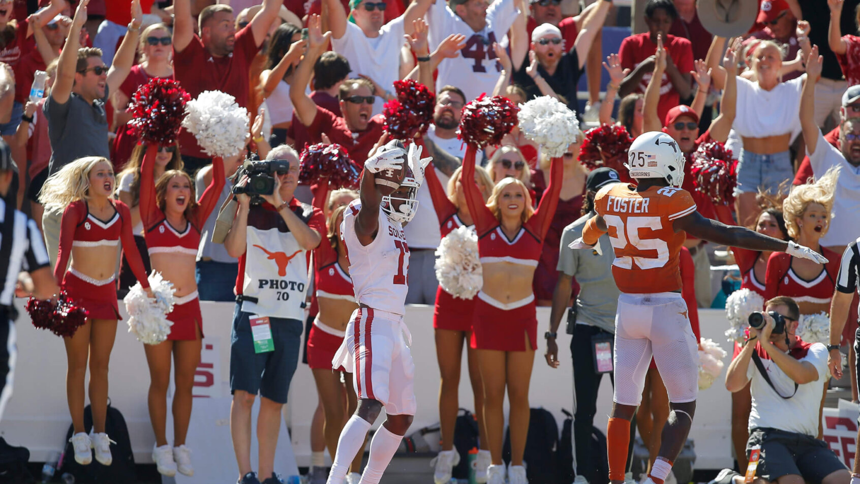 Oklahoma's Marvin Mims celebrating a TD in the 2021 Red River Showdown