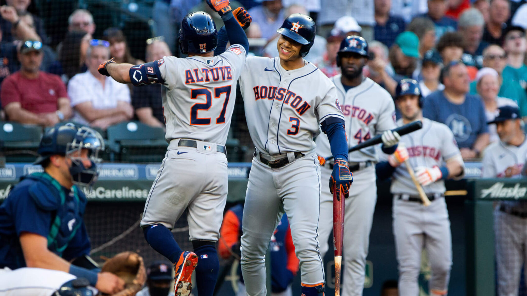 Jose Altuve celebrates with Jeremy Pena