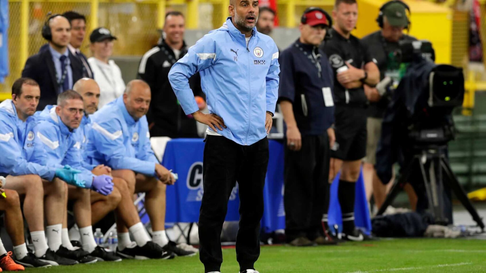 Manchester City manager Pep Guardiola on his team's sideline