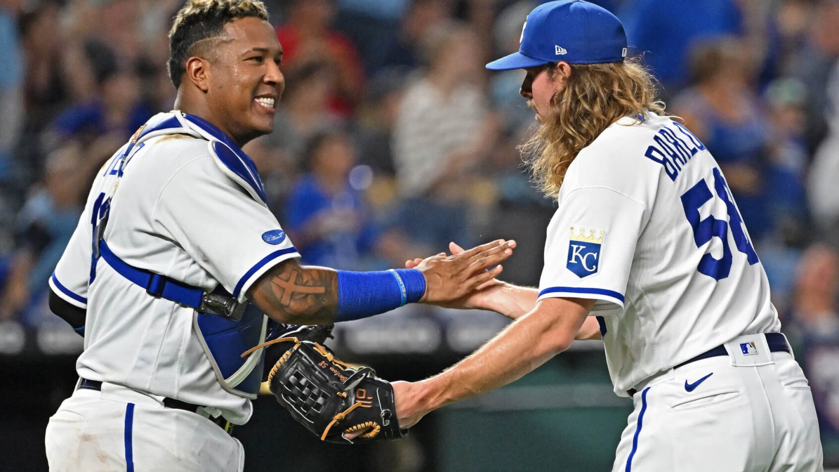 Royals players celebrate after a win.